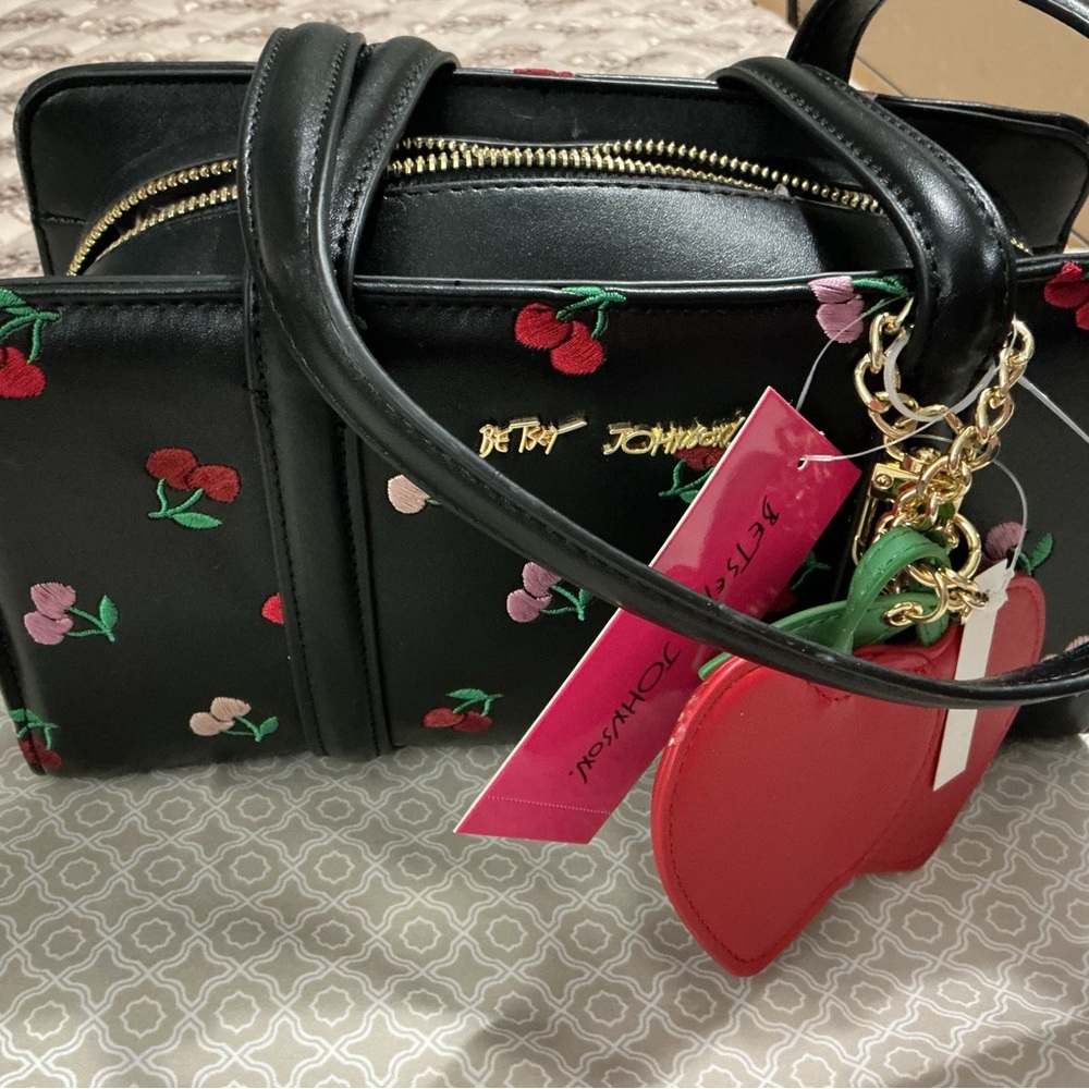 Betsey Johnson Black Cherry Embroidered Satchel with Red Cherry Charm